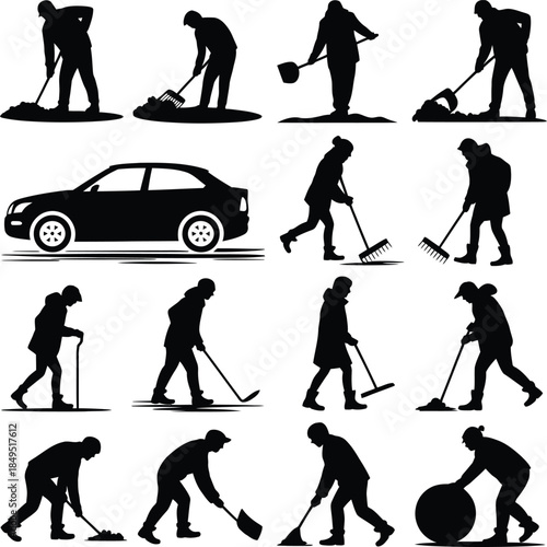 Worker shoveling and raking silhouettes, gardening and snow removal vector set