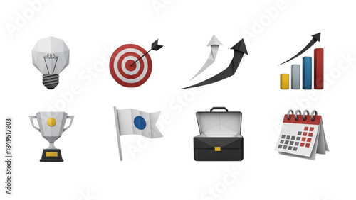 Business Success Growth Concept with Trophy, Target, Flag, Briefcase, and Calendar Illustration