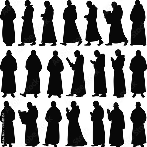 Monk silhouettes set, medieval priest and friar vector icons