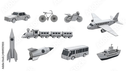 Multiple Transport Vehicles Set, Air, Land and Sea Modes, Digital Illustration, Isolated Objects, White Background