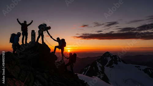 Team of climbers reaching mountain summit at sunrise celebrating success with teamwork and adventure inspiring outdoor activity concept