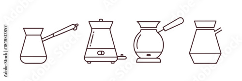 Turks depicted with a coffee outline and a filled icon. A vintage cezve or jezva representing a coffee sign. Symbol of a Turkish coffee pot.