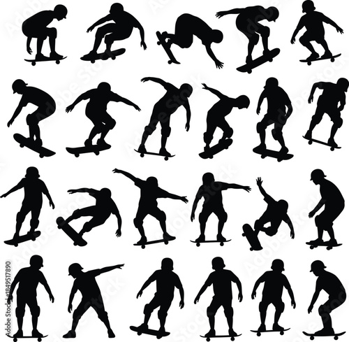 Skateboarder silhouettes, extreme skating tricks vector set