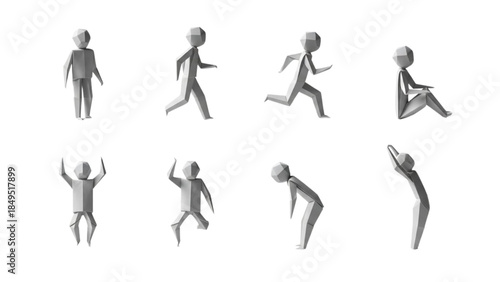 Running and Sitting 3D Human Figures in Motion Sequence, White Background, Illustration Set