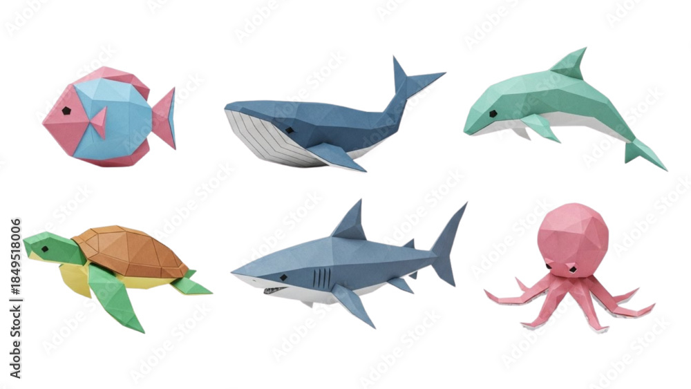 Obraz premium Colorful Marine Animals Illustration Featuring Fish, Whale, Shark, Turtle, and Octopus in Digital Art