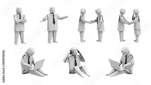 Business Actions with 3D Figures Showing Emotions and Interactions in White Studio Illustration