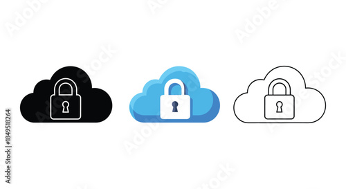 Cloud security icons set in solid black, color, and outline styles