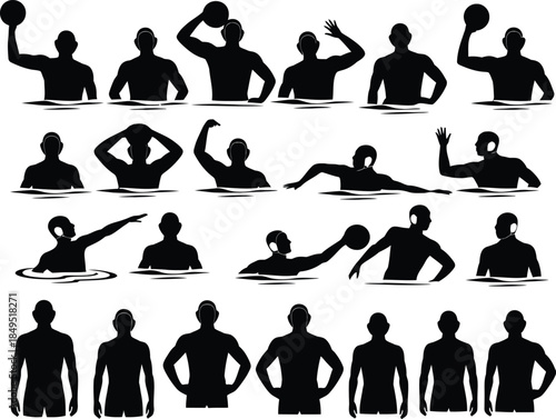 Water polo silhouettes, swimmers playing with ball vector icons