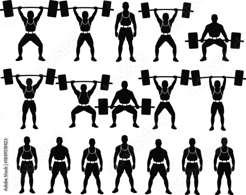 Weightlifter silhouettes, bodybuilding and powerlifting vector icons