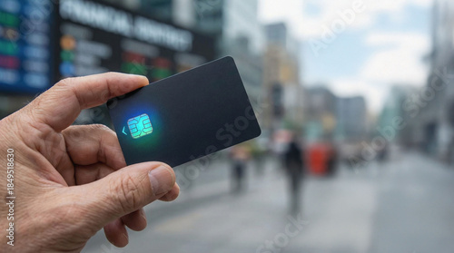 Black credit card with chip held by hand in urban street scene showing purchasing power and security protection for new oil transactions