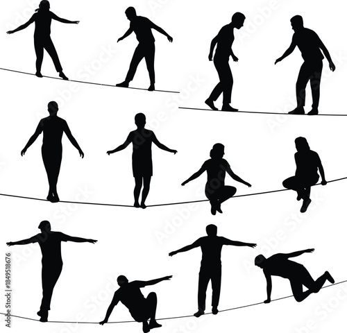 Tightrope walker silhouettes, slackline balance vector icons
