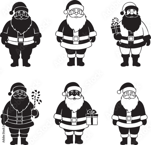 Minimalist black and white Santa holding a gift bag for a festive seamless pattern