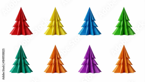 Origami Christmas Trees in Various Colors Arranged in Two Rows on White Background, Graphic Art