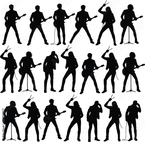 Guitarist silhouettes, rock musician playing electric guitar vector set