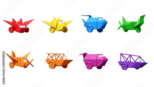 Colorful Origami Animals and Vehicles Set, Isometric View, Creative Graphic Illustration