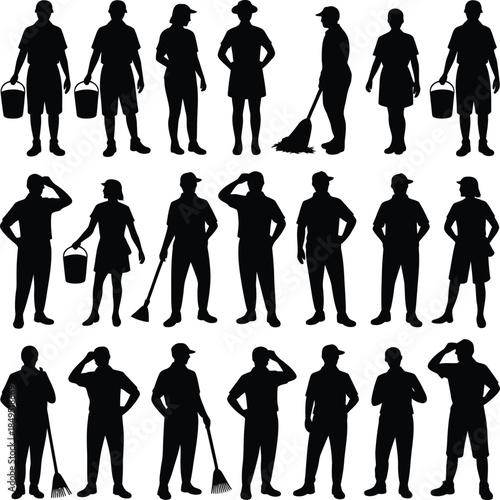 Janitor silhouettes, cleaning service workers with tools vector set