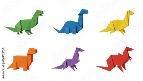 Colorful Origami Dinosaurs Set, Paper Craft, Illustration, Isolated on White Background
