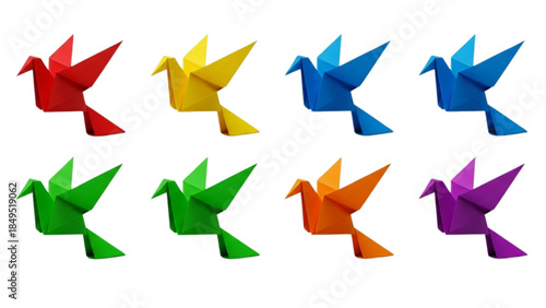 Colorful Origami Birds Set Displayed on White Background Graphic Illustration Art