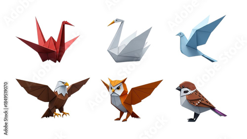 Origami Birds and Realistic Bird Illustrations Displayed on White Background, Graphic Design View