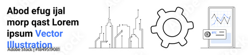 Technology, business, innovation, engineering, data analytics, process management. Linear city skyline, gear icon and mobile analytics screen. Technology and business concept