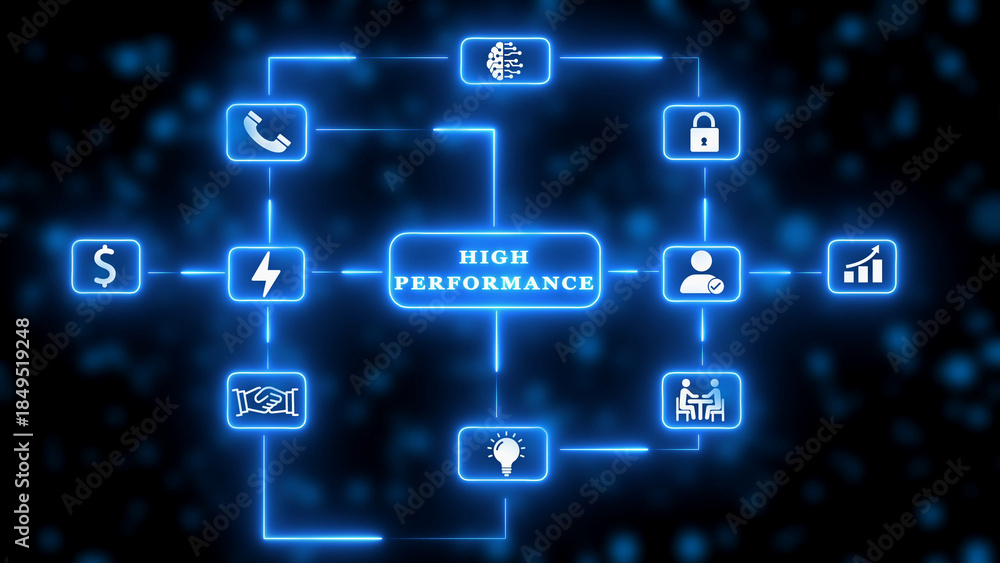 Fototapeta premium High Performance Business Technology Network Diagram with Icons and Blue Neon Lights graphic design