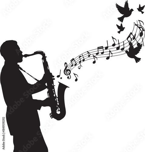 A soulful jazz melody from a saxophone player transforming into flying birds of freedom