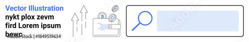 Financial growth, online search, investment tracking, digital wallets, savings management, ecommerce tools. Wallet with coins, search bar and upward arrows. Financial growth and online search