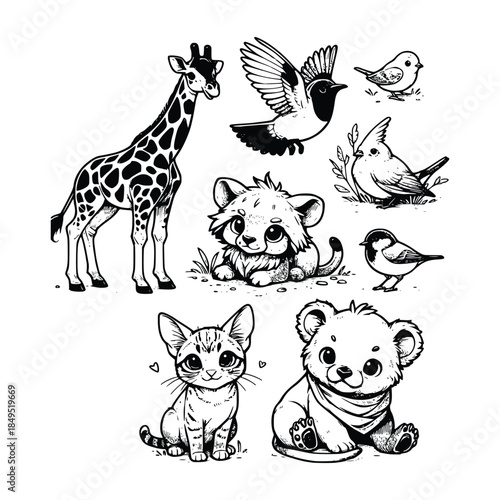 Cute Safari Animals and Birds Hand Drawn Illustration Set