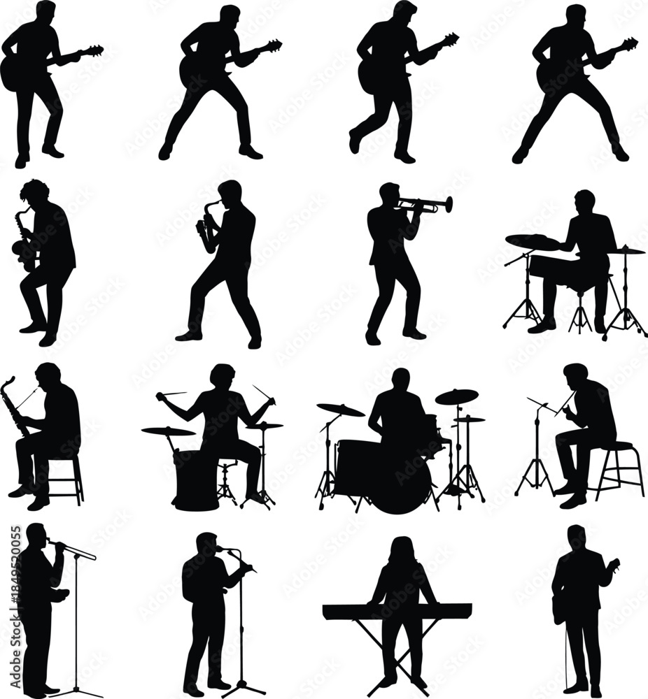 Obraz premium Musician silhouettes set, band playing instruments vector icons