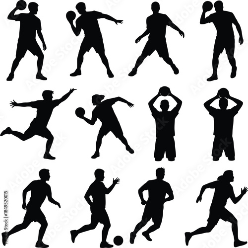 Handball player silhouettes, athletes throwing ball vector icons