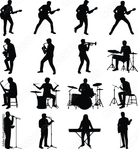 Musician silhouettes set, band playing instruments vector icons