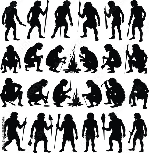 Caveman silhouettes set, prehistoric primitive people vector icons