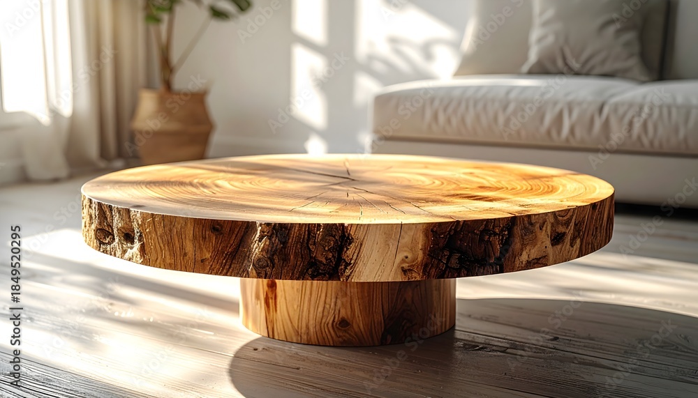 Fototapeta premium Empty wooden table background surface. Reclaimed Oak Coffee Table Under Afternoon Light mockup for product display