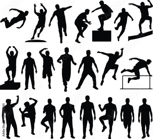 Parkour silhouettes set, freerunning and jumping vector icons