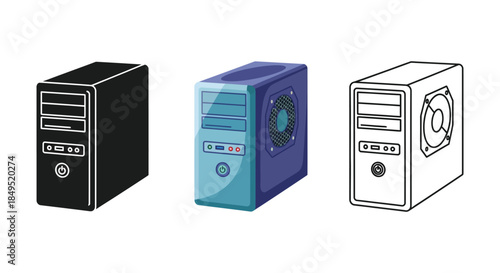 Set of three computer tower icons in solid black, color, and outline styles
