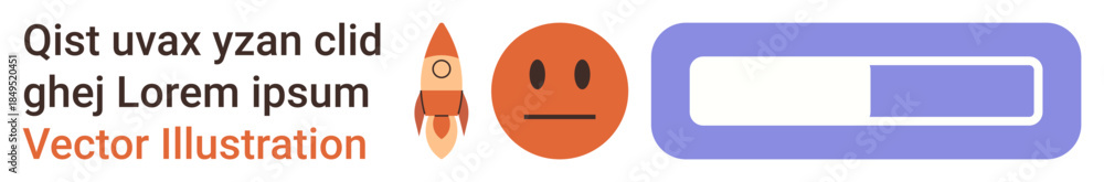 Fototapeta premium Technology, user experience, progress tracking, conceptual design, emotion , digital interface. Rocket icon, face emotion and progress bar arranged side by side. Technology and user experience
