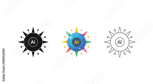 Artificial intelligence starburst icon set in solid, color, and outline styles