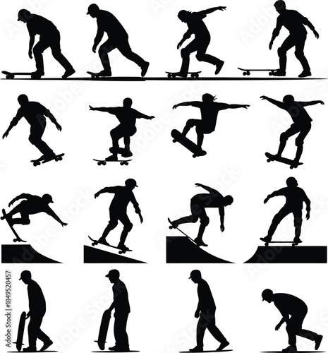 Skateboarder silhouettes set, skater tricks and riding vector icons