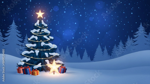 Decorated Christmas tree in snowy forest at night with gifts and glowing star festive winter holiday background