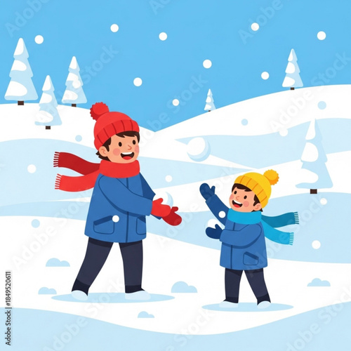 Father and son playing snowballs in a winter landscape happy family enjoying outdoor winter activities flat vector illustration
