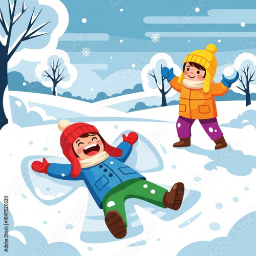Children playing in the snow making snow angels and throwing snowballs winter fun for kids cartoon illustration