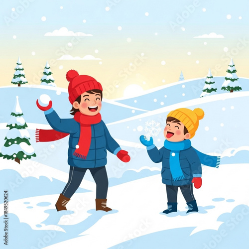 Two happy children playing in the snow throwing snowballs and catching snowflakes winter outdoor activity illustration