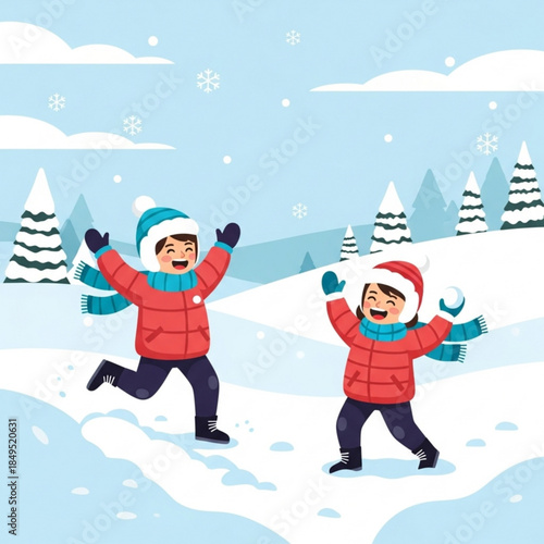 Children playing in the snow winter fun with snowball fight flat vector illustration for holiday season and outdoor activity