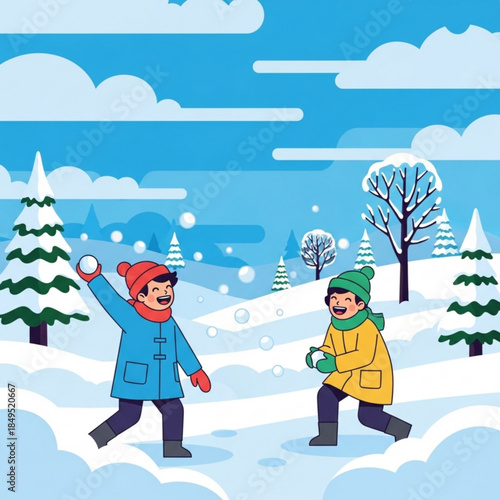 Children playing snowballs in a winter landscape flat vector illustration for holiday greeting cards and seasonal promotions