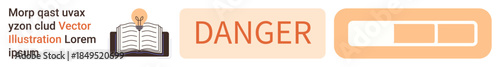 Safety alert, progress tracking, education, warning notifications, risk management, information processing. Open book with bulb, danger text and orange progress bar. Safety alert progress tracking