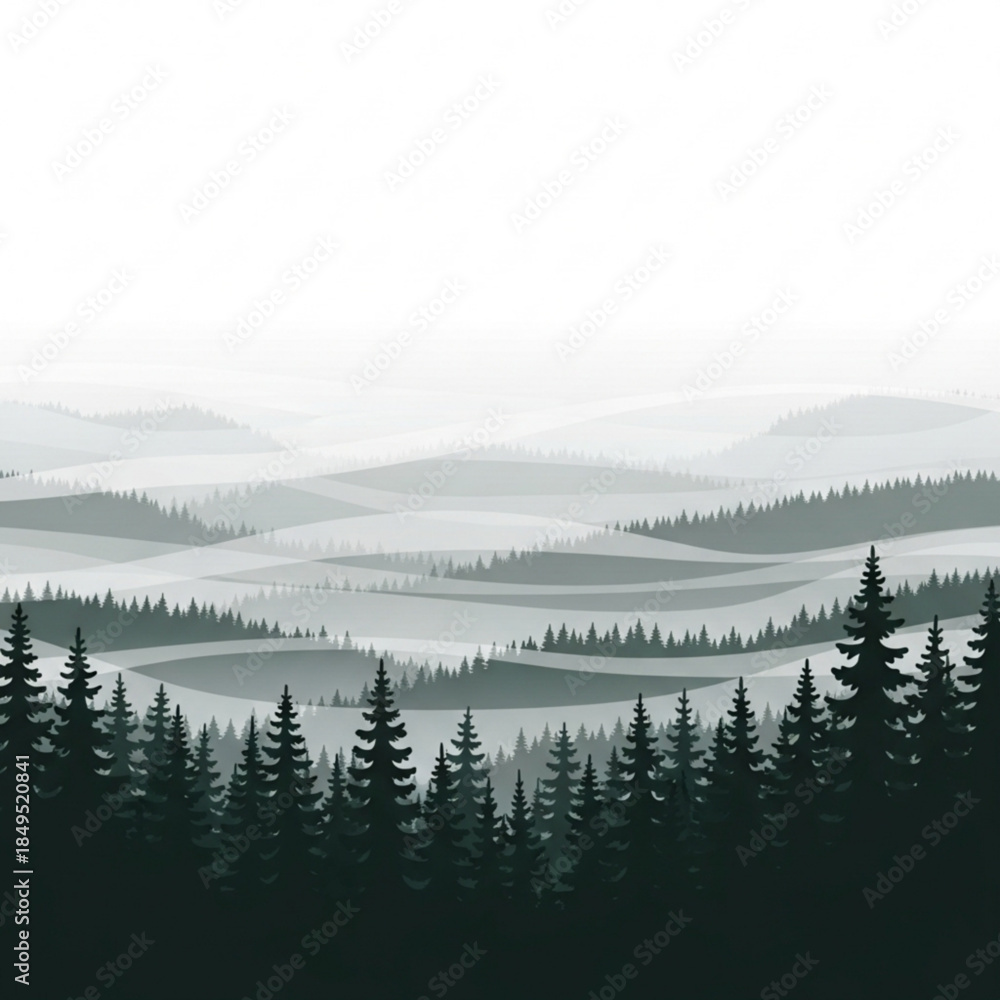 Fototapeta premium Misty forest landscape with rolling hills and pine trees minimalist vector illustration for nature backgrounds and travel concepts