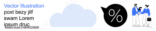 Business strategy, cloud storage, financial management, collaboration, data sharing, retail discounts. Blue cloud, percentage symbol and two people exchanging ideas. Cloud storage and financial