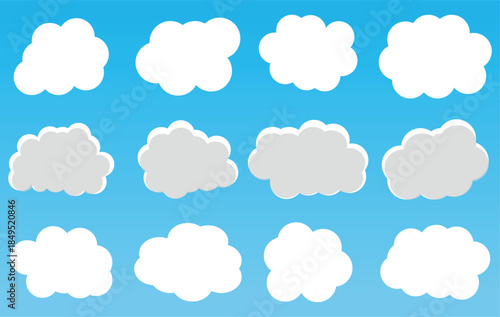 Cloud icon. Blue sky cloud weather symbol. Abstract white cloudy set isolated on blue background. Vector illustration. 
