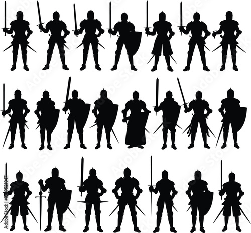 Medieval knight silhouettes, warriors with sword and shield vector set