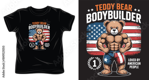 teddy bear bodybuilder graphic victor art t-shirt design print template